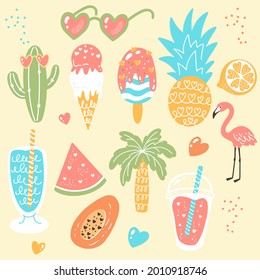 Summer icons - palm tree, papaya, cool drinks, ice cream, flamingo, pineapple, cactus, watermelon, sunglasses. Hand drawn vector illustrations for stickers