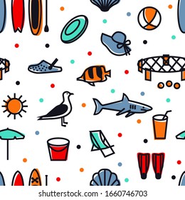 Summer Icons Seamless pattern Black line set Travel, vacation and weekend Isolated Vector illustration set