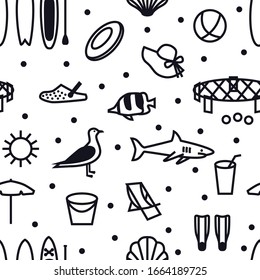 Summer Icons Seamless pattern Black line set Travel, vacation and weekend Isolated Vector illustration set