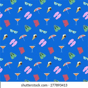 Summer icons seamless pattern, cocktail, sunglasses, sun umbrella, shorts, ice cream, flip flops