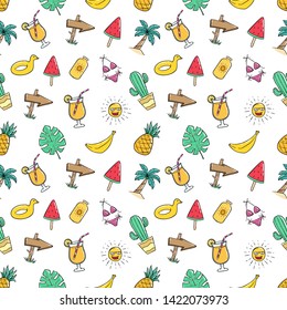 Summer Icons in Seamless Pattern With Colored Doodle Style on White Background