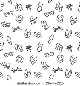 Summer icons seamless pattern grey vector on white background. Collection Of beach, travel, ocean, swimsuit, bikini.
Template for design fabric, backgrounds, wrapping paper.