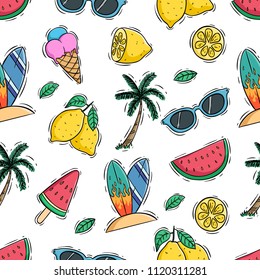 summer icons in seamless pattern with lemon, watermelon and coconut tree