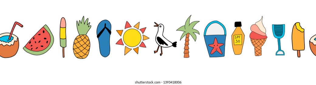 Summer icons seamless vector border. Repeating banner design with watermelon, popsicle, pineapple, coconut, ice cream cone, palm tree, seagull, flipflop sandal, sunscreen