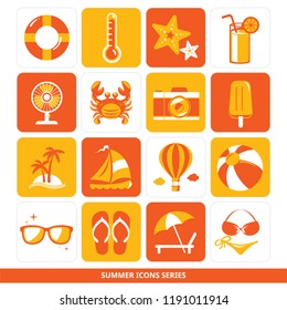 Summer icons series - lifebuoy, thermometer, sea stars, iced drinks, fan, crab, camera, ice lolly, holiday, sailing, hot air balloon, beach ball, sun glasses, flip flops, sun umbrella, swimming suit