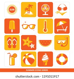 Summer icons series - sun, holiday, fan, swimming suit, bikini, ice lolly, glasses, thermometer, sun umbrella, flip flops, sea stars, watermelon, goggles, iced drinks, beach ball, ice-cream, lifebuoy