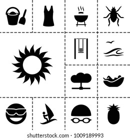 Summer icons. set of 13 editable filled summer icons such as beetle, emot in sun glasses, barbeque, sun, cloud, swimming hat and glasses, pineapple, sea and gull, surfing