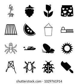 Summer icons. set of 16 editable filled and outline summer icons such as butterfly, boat, tulip, sun, ladybug, watermelon, field, beetle, avenue, kite, mulberry, ice cream