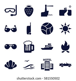 Summer icons set. Set of 16 Summer filled icons such as sunglasses, sun, strawberry, hotel, beach ball, suitcase, aqualung, lighthouse, sea and gull, bonfire, shell, car