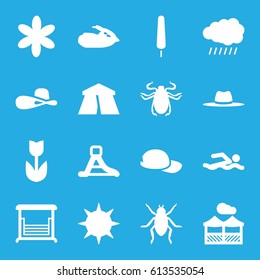 Summer icons set. set of 16 summer filled icons such as sun, beetle, tent, flower, woman hat, ice cream on stick, swing, hat, waterslide, pergola, jet ski, baseball cap