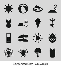 Summer icons set. set of 16 summer filled icons such as beetle, sun, slippers, singlet, ice cream, tree, strawberry, pond, sprout, swimsuit, drink, beach ball