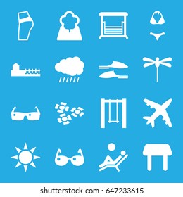 Summer icons set. set of 16 summer filled icons such as sun, table, slippers, swing, tree, avenue, sunglasses, man laying in the sun, swimsuit, dragonfly, flower, plane