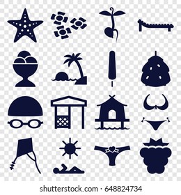 Summer icons set. set of 16 summer filled icons such as berry, mulberry, bikini, ice cream on stick, ice cream ball, gazebo, sprout, panties with heart