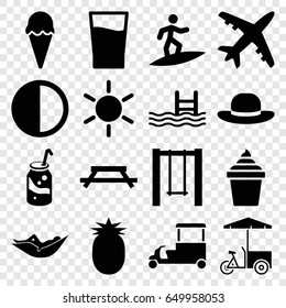 Summer icons set. set of 16 summer filled icons such as sun, woman in hammock, woman hat, soda, ice cream in can, fast food cart, swing, pool, brightness, drink, pineapple