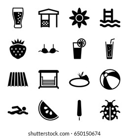 Summer icons set. set of 16 summer filled icons such as field, beach ball, bra, ice cream on stick, soda, strawberry, swing, gazebo, ladybug, cocktail, pond, watermelon