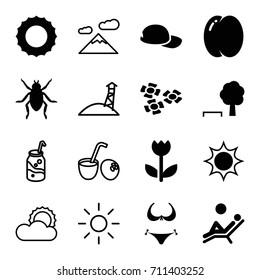 Summer icons set. set of 16 summer filled and outline icons such as peach, beetle, bikini, flower, man laying in the sun, baseball cap, soda, sun, drink coconut