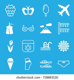 Summer icons set. set of 16 summer filled and outline icons such as sunflower, butterfly, ice cream, pool ladder, flower, plane, tent, mulberry, slippers, irrigation system