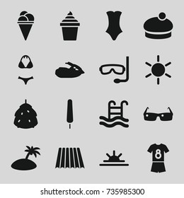 Summer icons set. set of 16 summer filled icons such as field, berry, sun, swimsuit, woman hat, ice cream, ice cream on stick, ice cream in can, sun rise, swimming pool