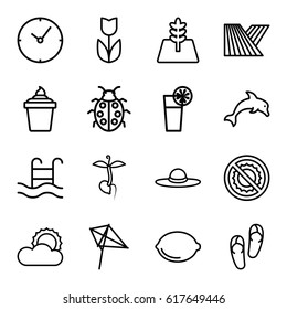 Summer icons set. set of 16 summer outline icons such as field, kite, flip flops, woman hat, ice cream in can, ladybug, sprout, lemon, no brightness, sun, cocktail, tree