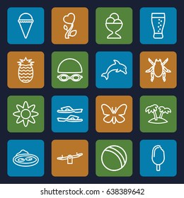 Summer icons set. set of 16 summer outline icons such as beetle, butterfly, ball, swing, slippers, ice cream, ice cream ball, pond, heart flower, palm, soda, pineapple, flower