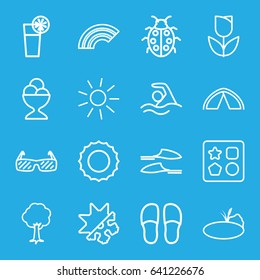 Summer icons set. set of 16 summer outline icons such as from toy for beach, sun, slippers, ice cream ball, tree, ladybug, cocktail, pond, cold and hote mode, sunglasses, tent