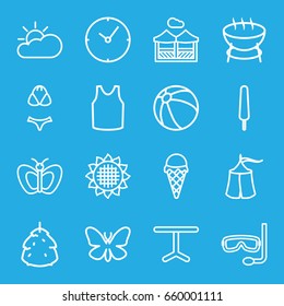 Summer icons set. set of 16 summer outline icons such as butterfly, berry, sunflower, beach ball, singlet, ice cream on stick, table, pergola, ice cream, sun cloud, swimsuit