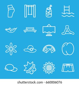 Summer icons set. set of 16 summer outline icons such as peach, sunflower, sun, woman in hammock, woman hat, soda, swing, waterslide, restaurant table, cold and hote mode