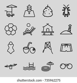 Summer icons set. set of 16 summer outline icons such as beetle, berry, swing, fast food cart, flower, pool, tree, sunglasses, drink coconut, man laying in the sun, tent