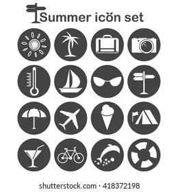 Summer icons set, 16 travel signs, 2d illustration, vector, eps 8