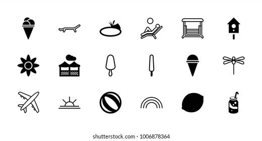Summer icons. set of 18 editable filled and outline summer icons: beach ball, soda, ice cream, pond, pergola, flower, ice cream on stick, swing, sun rise, sun, rainbow