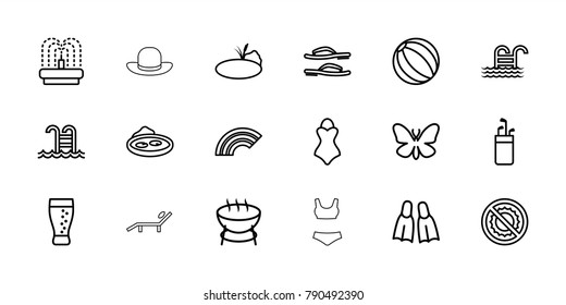 Summer icons. set of 18 editable outline summer icons: butterfly, beach ball, barbecue, golf putter, pond, fountain, no brightness, soda, swimming pool, rainbow, flippers