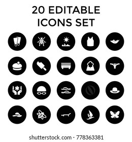 Summer icons. set of 20 editable filled summer icons such as butterfly, woman in hammock, singlet, woman hat, bee. best quality summer elements in trendy style.