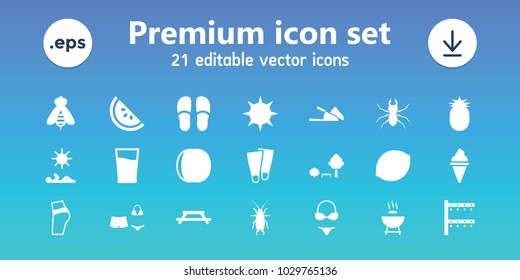 Summer icons. set of 21 editable filled summer icons includes beetle, slippers, barbeque, table, booty fitness, irrigation system, swimsuit, drink, watermelon, pineapple
