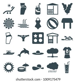 Summer icons. set of 25 editable filled summer icons such as sun, sunflower, from toy for beach, table, sunbed, woman hat, beach ball, soda, booty fitness, gazebo