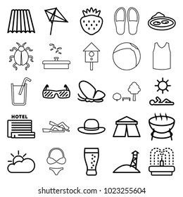 Summer icons. set of 25 editable outline summer icons such as field, butterfly, tent, kite, woman hat, barbecue, strawberry, pond, fountain, soda, sunglasses, sun cloud
