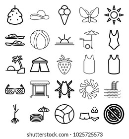Summer icons. set of 25 editable outline summer icons such as berry, beetle, tent, slippers, singlet, swim suit, sprout, sun rise, swimsuit, ice cream, sunbed, sunglasses