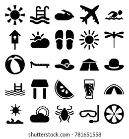 Summer icons. set of 25 editable filled summer icons such as woman hat, slippers, nesting house, pool, lemon, sun, swimming pool, soda, watermelon, jet ski, sunbed, sun cloud