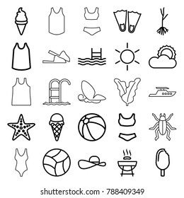 Summer icons. set of 25 editable outline summer icons such as sun, beach ball, singlet, flippers, barbeque, ice cream, swim suit, sprout, pool, starfish, sun hat, spinach