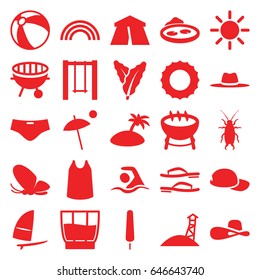 Summer icons set. set of 25 summer filled icons such as spinach, butterfly, beetle, tent, beach ball, singlet, woman hat, ice cream on stick, swing, pond, hat, bbq, drink