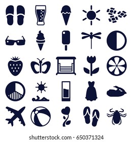 Summer icons set. set of 25 summer filled icons such as beetle, sun, beach ball, butterfly, slippers, ice cream, swing, lemon, heart flower, dress, flower, brightness, drink