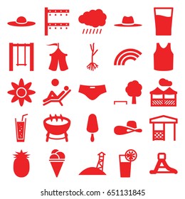 Summer icons set. set of 25 summer filled icons such as sun, singlet, woman hat, ice cream on stick, ice cream, soda, irrigation system, swing, gazebo, hat, sprout, cocktail