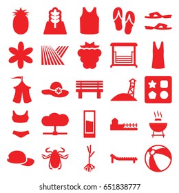 Summer icons set. set of 25 summer filled icons such as field, mulberry, beetle, beach ball, from toy for beach, woman hat, flower, slippers, singlet, bench, swing, sprout