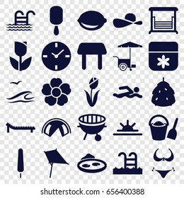 Summer icons set. set of 25 summer filled icons such as berry, table, kite, flower, bikini, ice cream on stick, fast food cart, swing, pond, lemon, sun rise, bbq