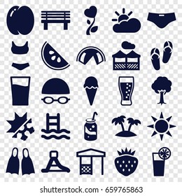 Summer icons set. set of 25 summer filled icons such as peach, flip flops, soda, tree, strawberry, bench, gazebo, heart flower, cocktail, waterslide, palm, drink, pergola