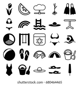 Summer icons set. set of 25 summer filled and outline icons such as bikini, slippers, woman hat, ice cream on stick, swing, sprout, brightness, swimming, flippers, flip flops
