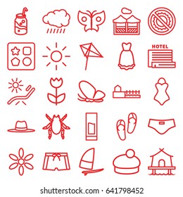 Summer icons set. set of 25 summer outline icons such as beetle, butterfly, sun, from toy for beach, kite, flip flops, sunbed, woman hat, soda, hat, no brightness, dress