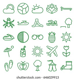 Summer icons set. set of 25 summer outline icons such as beetle, butterfly, flower, flip flops, boat, soda, fast food cart, tree, sun, waterslide, tent, brightness, sunglasses
