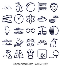 Summer icons set. set of 25 summer outline icons such as flower, slippers, bra, fast food cart, irrigation system, tent, brightness, sunglasses, strawberry, flippers