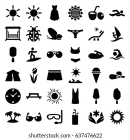 Summer icons set. set of 36 summer filled icons such as sunflower, butterfly, sun, tent, flower, sunbed, singlet, woman hat, ice cream, ice cream on stick, swing, ladybug