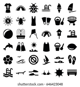 Summer icons set. set of 36 summer filled icons such as beetle, bucket toy for beach, slippers, bra, singlet, ice cream, flower, nesting house, ladybug, fountain, lemon